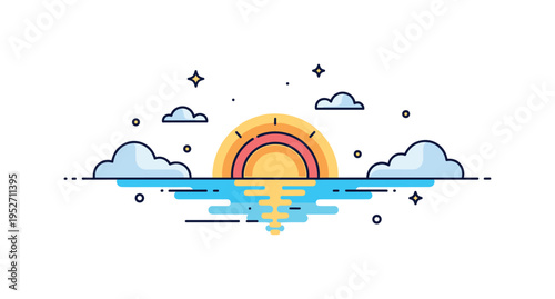 Ocean sunset scene warm sun touching the waterline with soft reflection and minimal cloud shapes, conveying serenity and romantic coastal atmosphere.