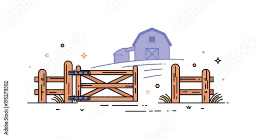 Pigsty gate rustic wooden farm gate slightly open with simple fence posts and a small barn silhouette behind, expressing rural life and agricultural routine.