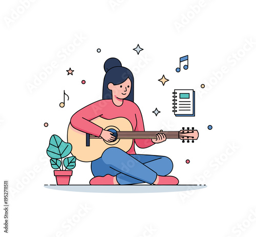 Women in music songwriting process centered on a woman seated with a guitar and a small notebook icon nearby, symbolizing creativity, authorship and emotional