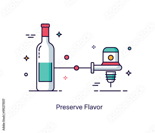 Luxury kitchen gadgets wine preservation system concept with a sleek bottle silhouette connected to a compact vacuum stopper icon, expressing sophistication