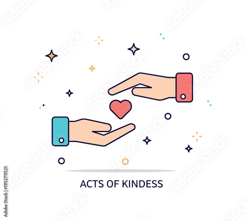 Acts of kindness reflection concept featuring two simplified hands exchanging a small heart symbol. Clean geometric shapes and subtle spark accents communicate