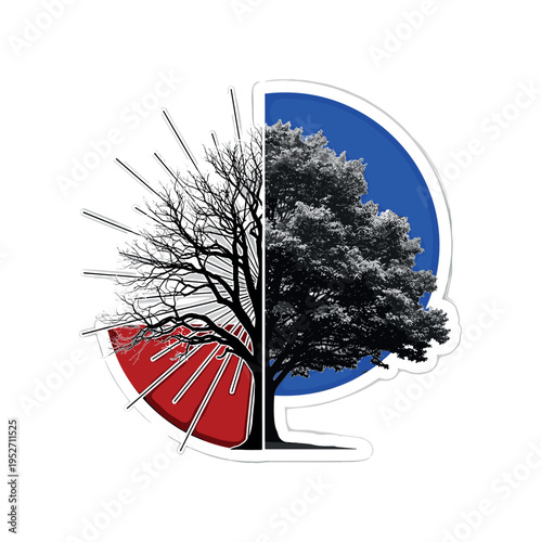 Black and white tree silhouette double exposed with human profile inside trunk area, abstract geometric blocks and circular halos blending identities, emerald