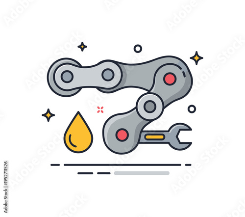 Bicycle chain maintenance and care theme showing a simplified chain segment paired with a small oil drop icon and tiny wrench accent. A practical visual