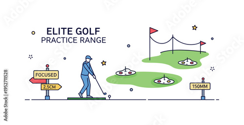 Elite golf practice range compact driving range with marked distance signs and a single golfer silhouette practicing swings, highlighting focused training