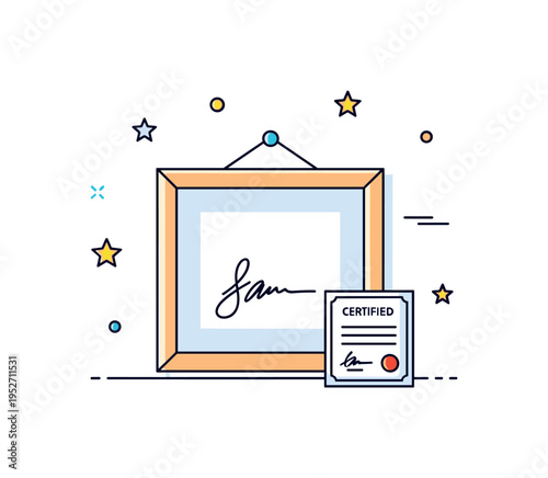 Signed art print authenticity concept featuring a framed artwork with a visible signature line and a small certificate badge icon, symbolizing originality,