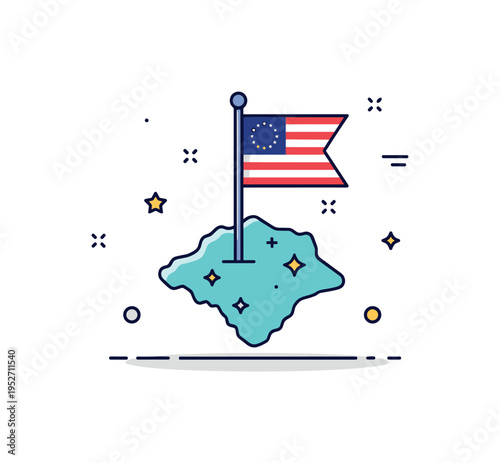Political independence milestone concept built around a small flag planted atop a stylized land shape with subtle star accents, symbolizing achievement of self