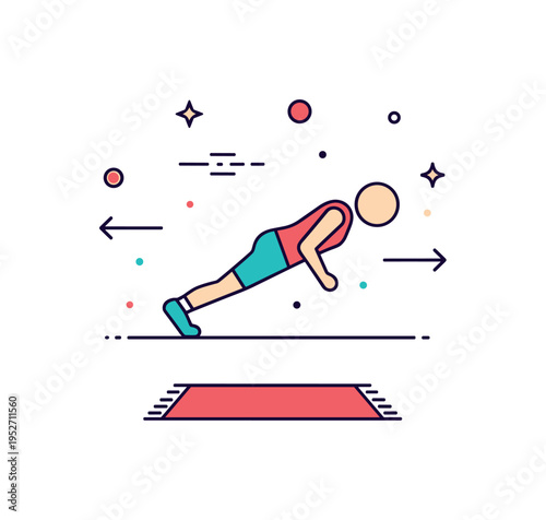 Home workout burpee routine featuring a simple indoor mat line beneath a jumping figure and subtle repetition arrows, symbolizing accessible fitness anywhere.