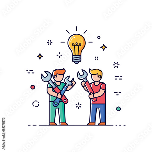 Skill sharing workshop simplified figures standing side by side with tools and a lightbulb hovering above, illustrating hands on cooperation and mutual skill