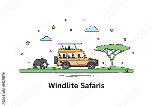 Wildlife safaris centered on a safari jeep with a raised roof driving across open savanna, with small silhouettes of an elephant and acacia tree creating a