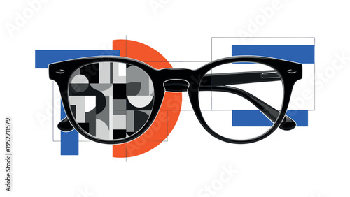 Black and white retro glasses with one lens replaced by abstract geometric shapes, bold orange semicircle behind the altered lens, blue rectangular accents
