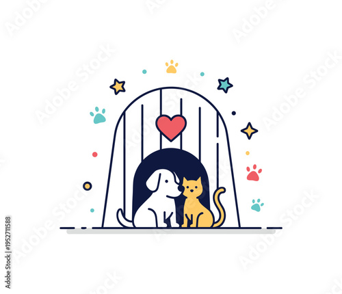 Animal shelter rescue scene illustrated by a small kennel shape with a dog and cat silhouette side by side, symbolizing hope and safe haven. The badge style