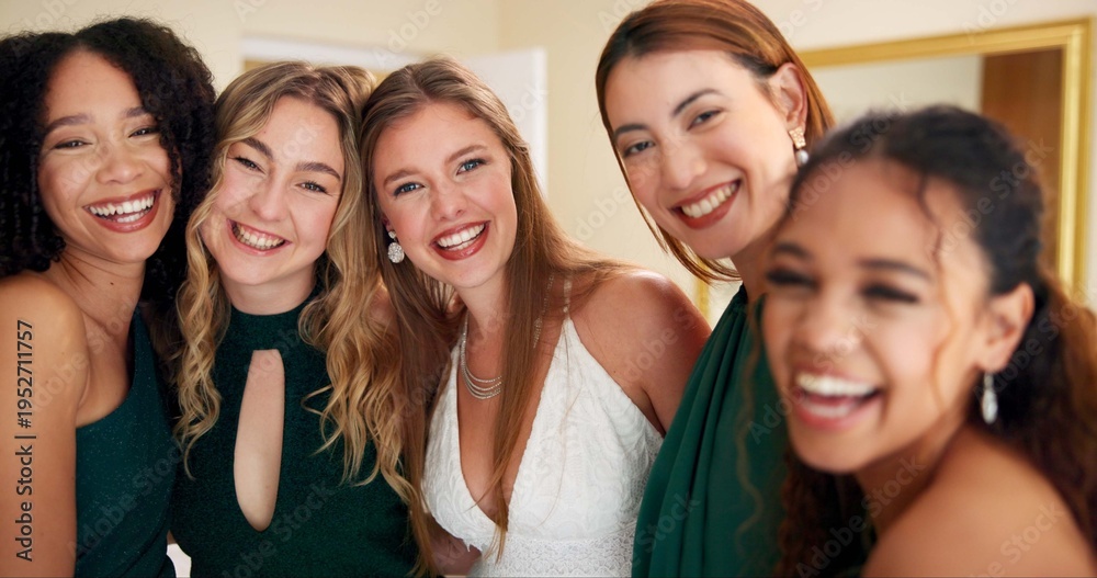 Obraz premium Portrait, friends and wedding with women in bedroom for bridesmaids, bridal party and support. Celebration, marriage and event with people at home for ceremony, maid of honor and luxury engagement