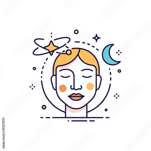 Metaphysical exploration badge built around a serene face icon with a small orbiting star and crescent moon, conveying mystery, curiosity, and the idea of