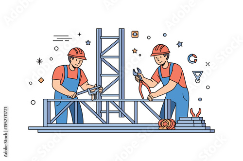 Metal fabricators assembling aluminum frames with precision tools, conveying collaboration, accuracy, and the modern craftsmanship of lightweight metal