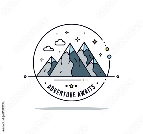 Mountain travel badge featuring stylized peaks framed inside a circular emblem. A short ?Adventure Awaits? caption and tiny decorative stars