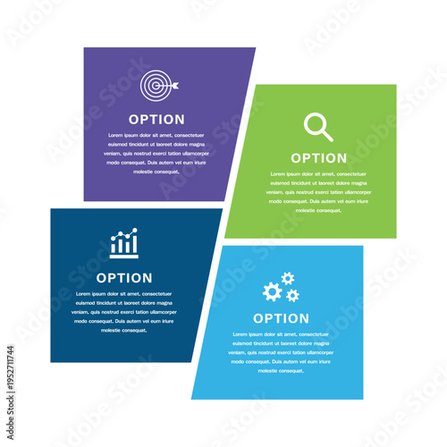 Colorful Four Options Infographic Template with Target, Magnifying Glass, Bar Chart, and Gear Icons for Business Strategy and Data Presentation