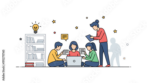Campus library group study with students leaning toward a central laptop while exchanging notes and ideas. A simple bookshelf silhouette and small light bulb