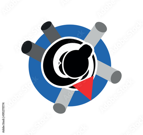 Black and white curled silhouette viewed from above, bold cobalt blue circle framing the compact posture, red triangular accent pointing inward toward the