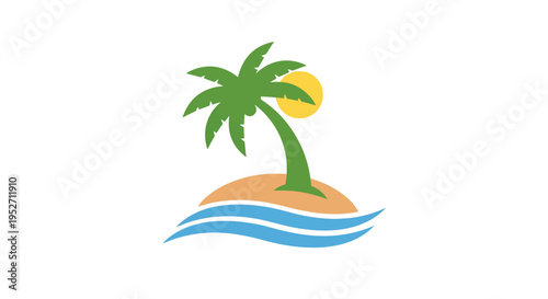 Minimalist Beach Illustration: Palm Tree, Sun, Island, Waves, Perfect for Vacation Designs