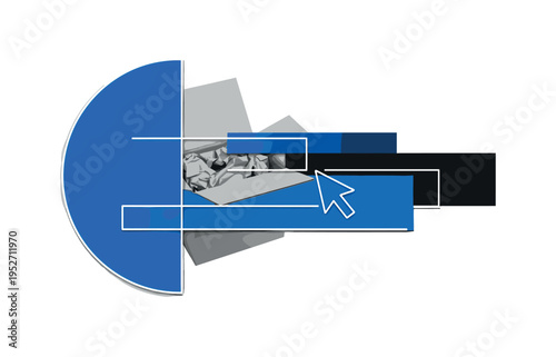 Monochrome open shipping box with visible packaging paper, combined with a large blue semicircle and intersecting rectangular geometric blocks, subtle abstract