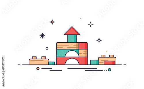 Block of wooden toy bricks stacked neatly on a table, highlighting playful creativity, organization, and simple construction fun. Minimalist flat vector