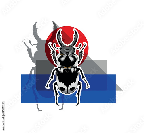 Black and white enlarged beetle with strong mandibles in frontal view, vibrant deep red circle centered behind the head, bold cobalt blue rectangular block