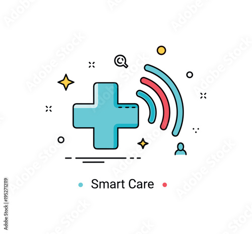 Telehealth innovation badge showing a medical cross icon combined with wireless signal arcs. A short ?Smart Care? caption and minimal star accents reinforce
