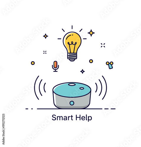 AI powered assistance small smart speaker with subtle sound waves and floating light bulb icon labeled Smart Help, illustrating voice control and intelligent