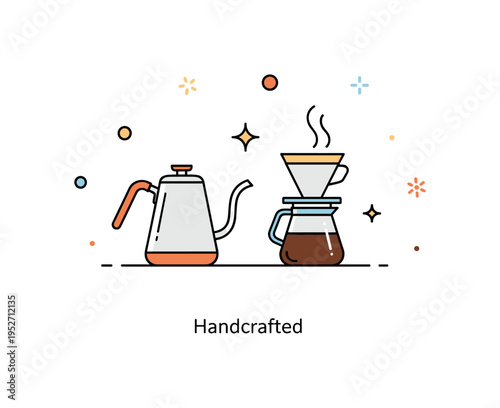 Specialty coffee cafe concept centered on a pour over kettle and dripper placed neatly on a counter. Minimal decorative dots and a compact ?Handcrafted?