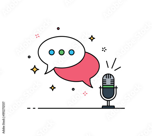 Funny talk show audio episode symbolized by two minimal speech bubbles overlapping near a studio mic, with tiny sparkles indicating witty dialogue