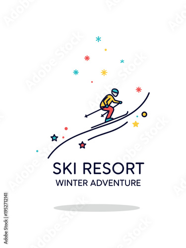 Ski resort winter adventure badge featuring a curved slope line with a skier silhouette and tiny snowflake accents above. The scene conveys holiday excitement
