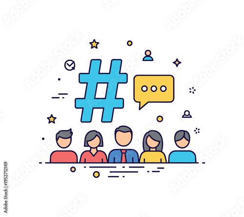 Conference social media hashtag campaign featuring a large hashtag icon paired with a small speech bubble and audience silhouettes, conveying interaction,