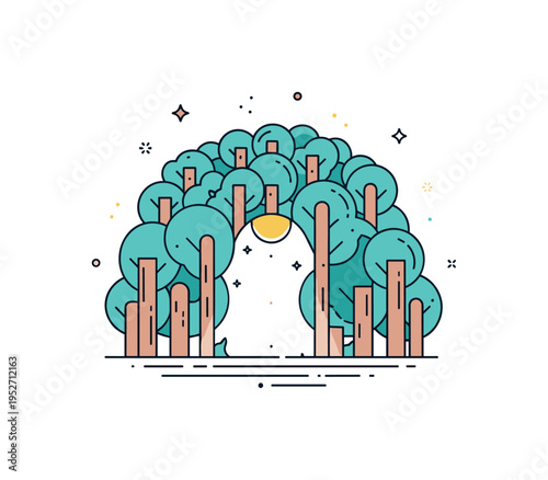 Sunlight piercing dense trees with simplified trunks forming a gentle arch around a bright center beam. Clean geometric layers and subtle star accents express