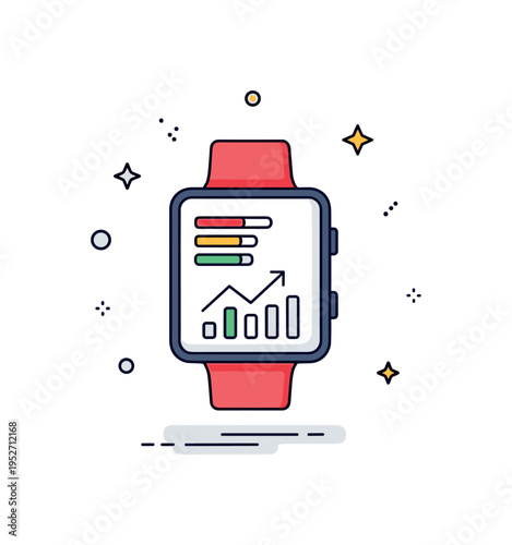 Data driven self improvement concept centered on a smartwatch icon displaying simple progress bars and a small upward arrow, representing tracked habits and