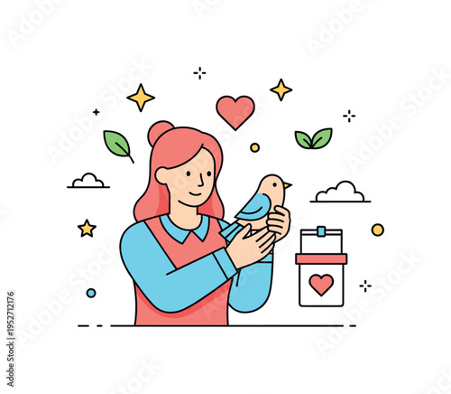 Wildlife rescue and rehabilitation center concept with a caring volunteer gently holding a small injured bird symbolizing compassion and protection. Subtle