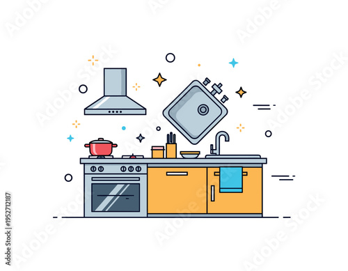 Functional stylish kitchen layout concept illustrated by a compact arrangement of stove, sink and countertop forming a clean working triangle, expressing