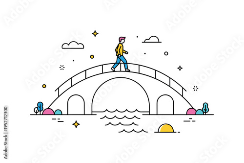 Crossing a pedestrian bridge with a single figure walking confidently across a simple arched structure symbolizing transition and forward movement. Soft river
