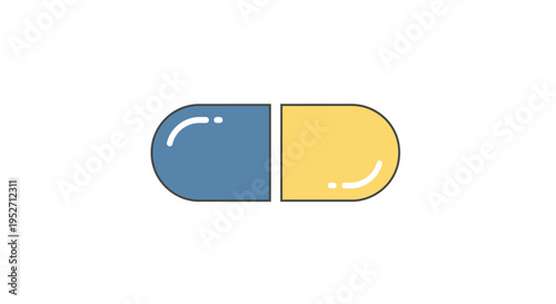 Minimalistic illustration of a pharmaceutical capsule in blue and yellow colors on white