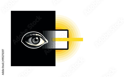 black and white eye looking at glowing rectangular screen, yellow horizontal bar crossing the screen to represent adjustment, layered semicircles creating soft