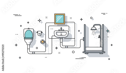 Bathroom plumbing layout top view diagram showing toilet, sink and shower icons connected by clean pipe routes, conveying technical organization and accurate