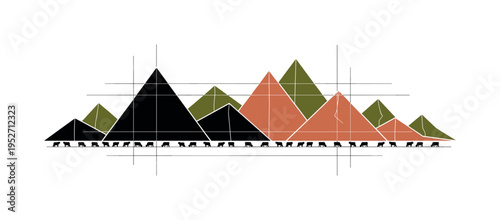 Black and white panoramic mountain silhouette broken into geometric flat shapes, small grazing cattle figures repeated rhythmically in foreground, thin