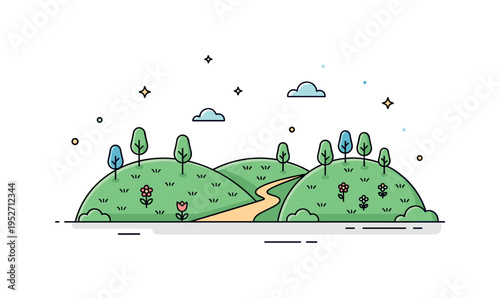 Spring countryside hills gently curved terrain dotted with small flowers and a narrow winding path, expressing renewal, freshness and tranquil