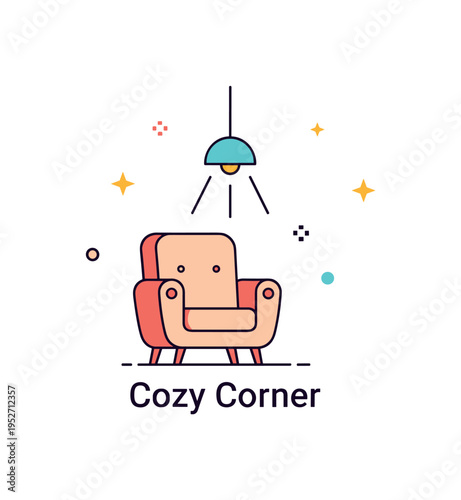 Warm lighting home reading nook theme showing a simple armchair under a small hanging lamp with subtle light rays, symbolizing quiet focus and personal