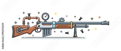 Steam powered rifle illustrated with a long barrel, pressure gauge, and copper pipes as the main focus, accented by tiny bolts and gear icons to emphasize