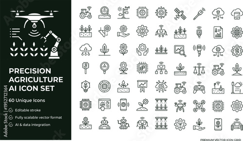 Precision agriculture AI line icon set with smart farming drones robotics sensors and automated crop monitoring symbols