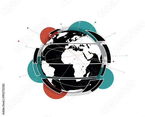 A monochrome globe fragmented into geometric panels, bold curved lines wrapping around like shipping lanes, abstract rectangular and circular forms layered for