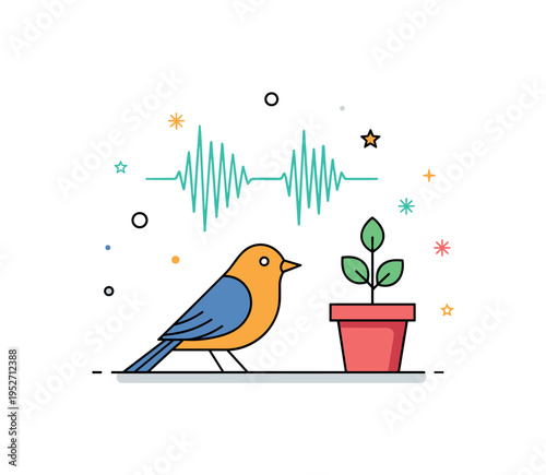 Garden birdsong serenity theme featuring a perched bird near a tiny potted plant with floating sound wave lines. The composition communicates peaceful backyard