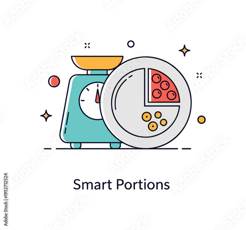 Nutrition and diet plans portion control guidance shown as a compact scale icon beside a divided meal plate, symbolizing moderation and awareness without