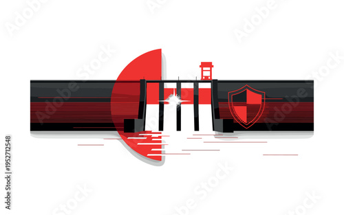 Monochrome hydroelectric dam structure combined with bold red half-circle and horizontal data lines across the water surface, bright flash of light emerging