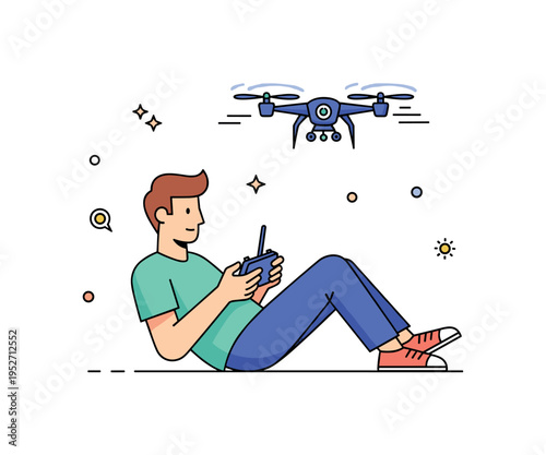 Tech enthusiast with quadcopter relaxed figure holding a sleek remote device as the drone hovers with tiny propeller motion accents, expressing innovation and